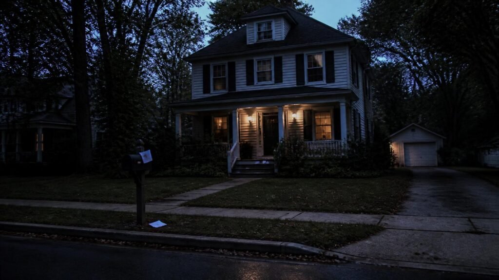 A cinematic, realistic true scene inspired by the Watcher case_ 657 Boulevard at dusk, showing the full front of the house, the mailbox, front porch, driveway, and quiet suburban street.