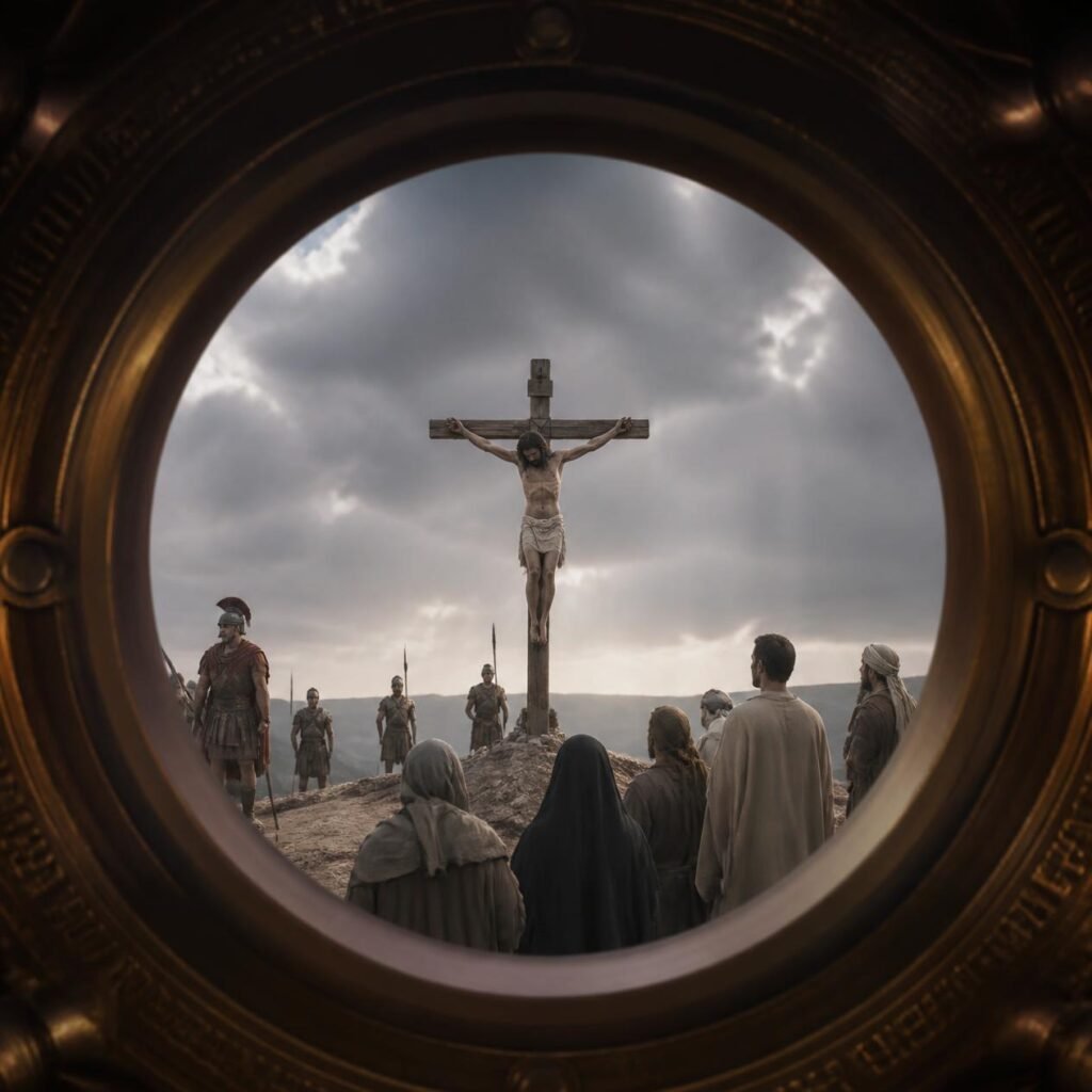 A reverent chronovisor-style vision of Jesus's crucifixion, seen as a historical photo-like scene through an ancient mystical viewing device