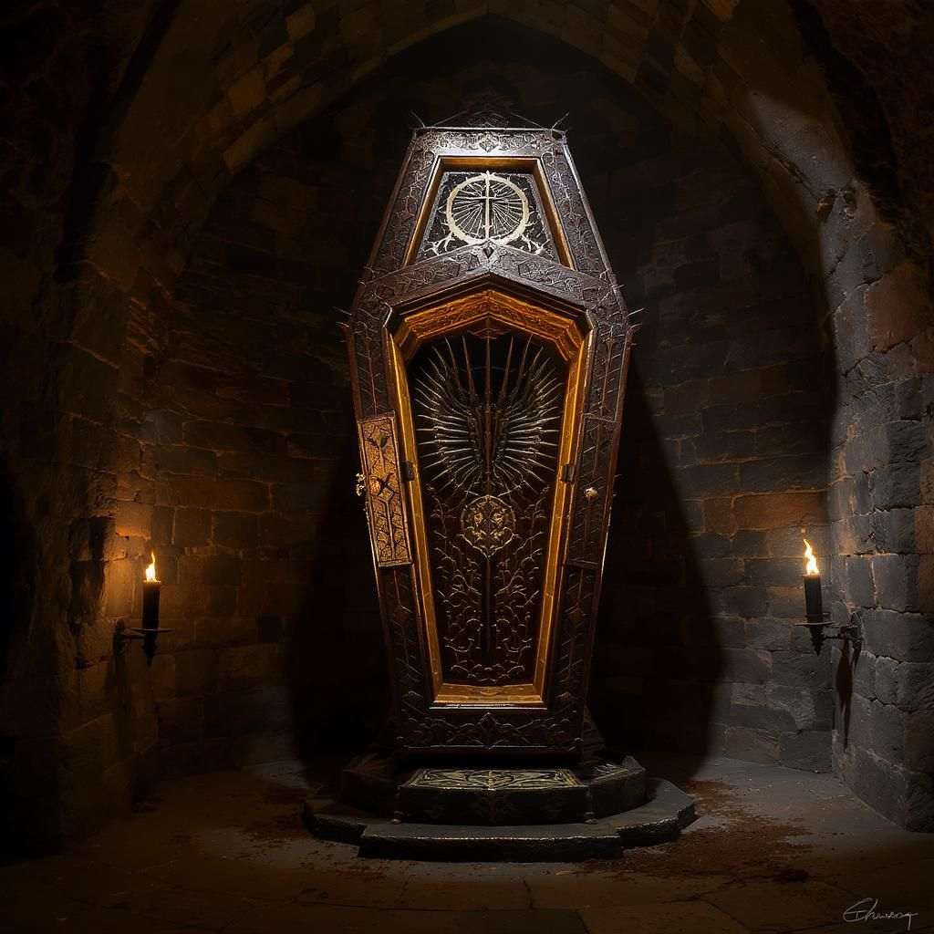 Ancient-style Iron Maiden torture device resembling a medieval spiked coffin, historically inaccurate but culturally iconic