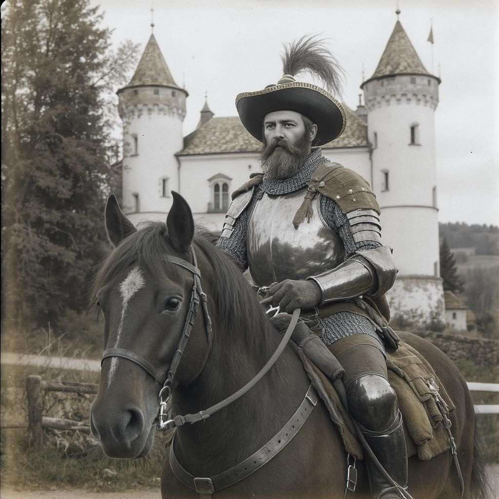 Josef Mencik dressed in medieval knight armor riding a horse, reenacting chivalric traditions in 1938 Czechoslovakia.
