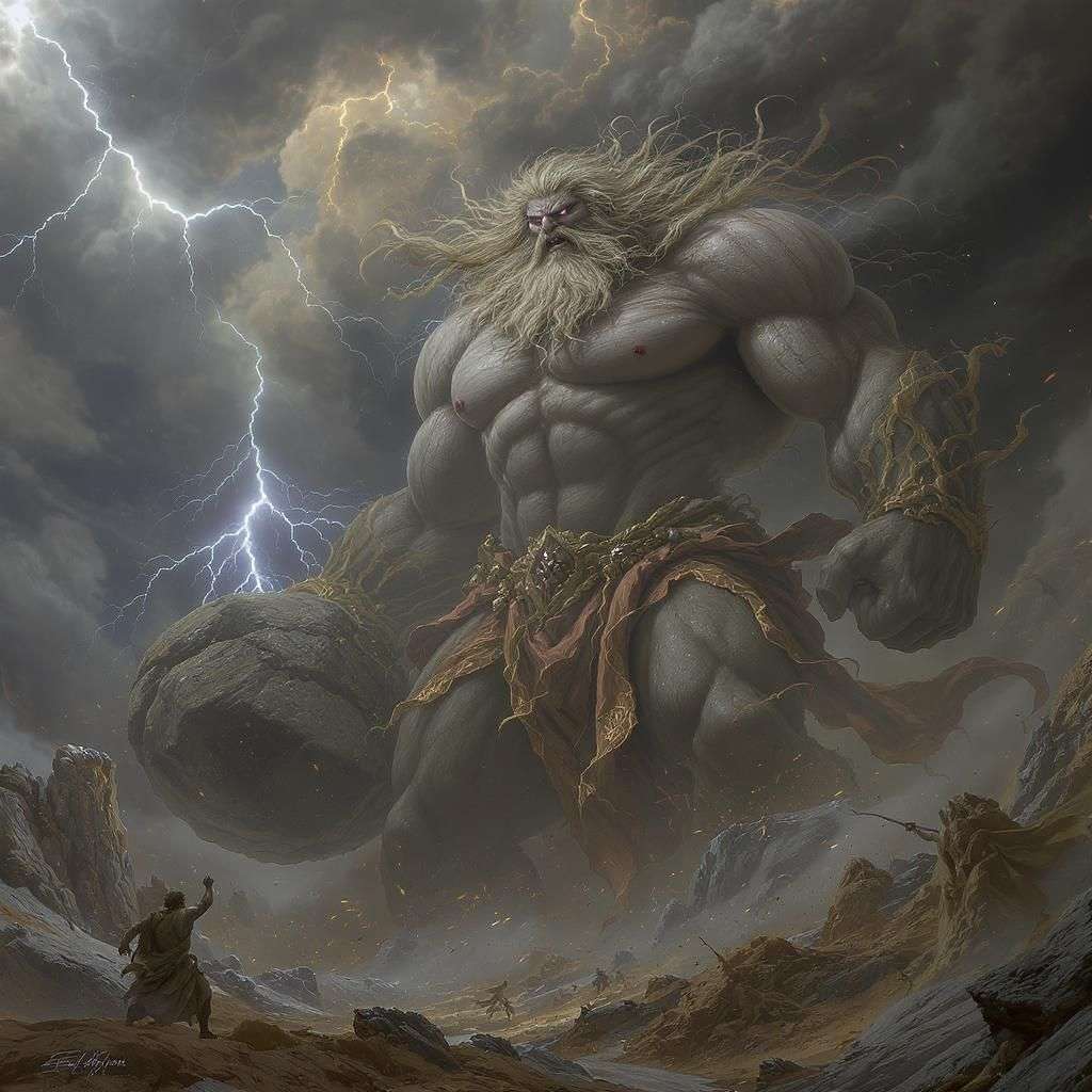 Porphyrios, also known as Porphyrion, depicted as a towering giant from Greek mythology,