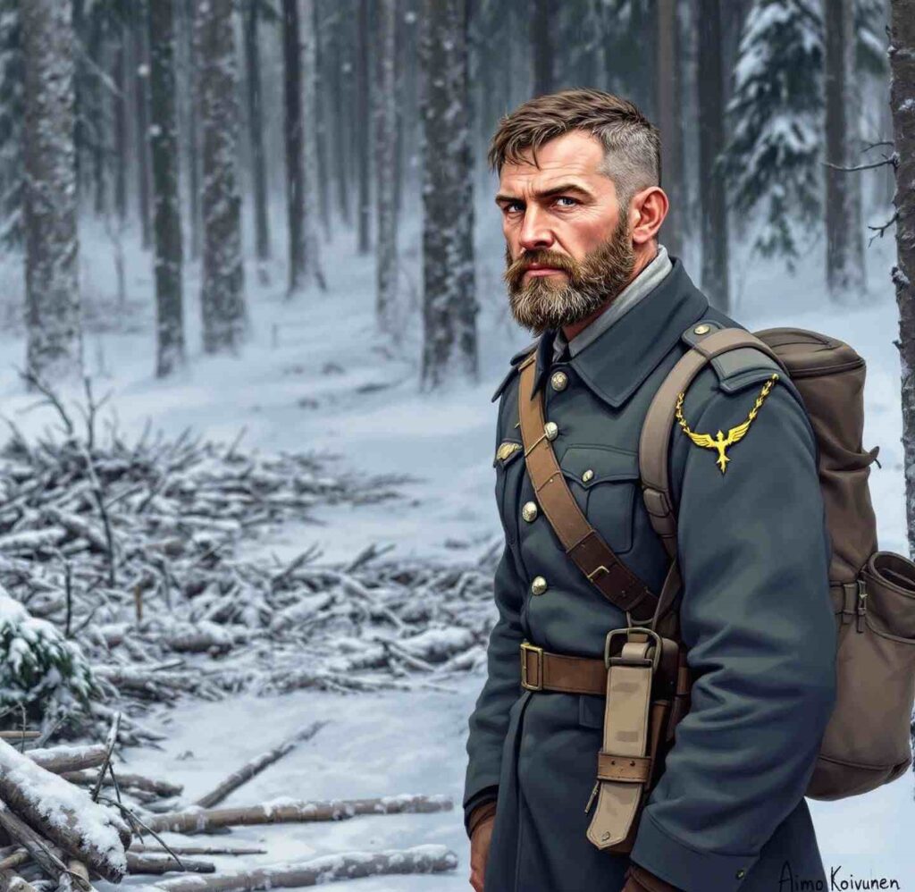 AI-generated portrait of Aimo Koivunen wearing white winter camouflage, with a snowy background.