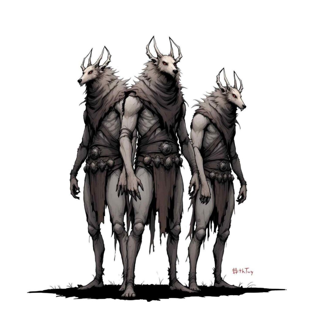 Depiction of Cynocephali, the legendary dog-headed humanoid creatures from ancient and medieval mythology.