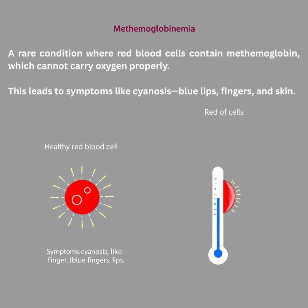 Methemoglobinemia causes blue lips and fingers due to low-oxygen red blood cells.