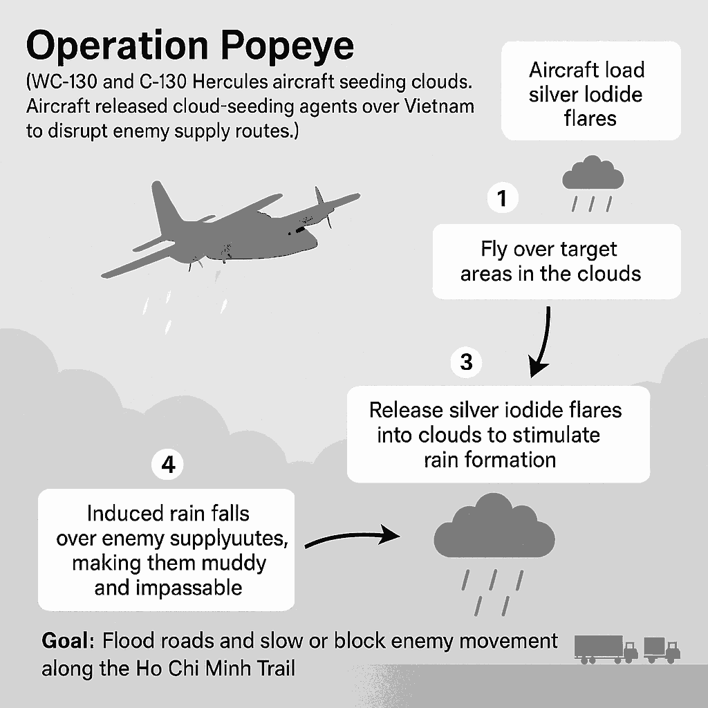 Diagram of Operation Popeye showing U.S. Air Force aircraft using cloud seeding with silver iodide during the Vietnam War to induce rain, flood the Ho Chi Minh Trail, and disrupt enemy supply routes.