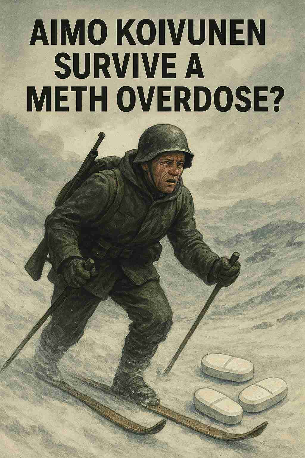Illustration of Finnish soldier Aimo Koivunen skiing through a snowy wilderness during World War II, with three large white tablets symbolizing the meth overdose he survived.