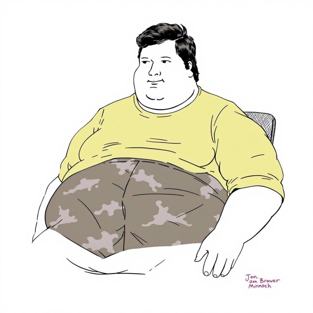 Artistic illustration of Jon Brower Minnoch, portrayed with exaggerated proportions to emphasize his size.
