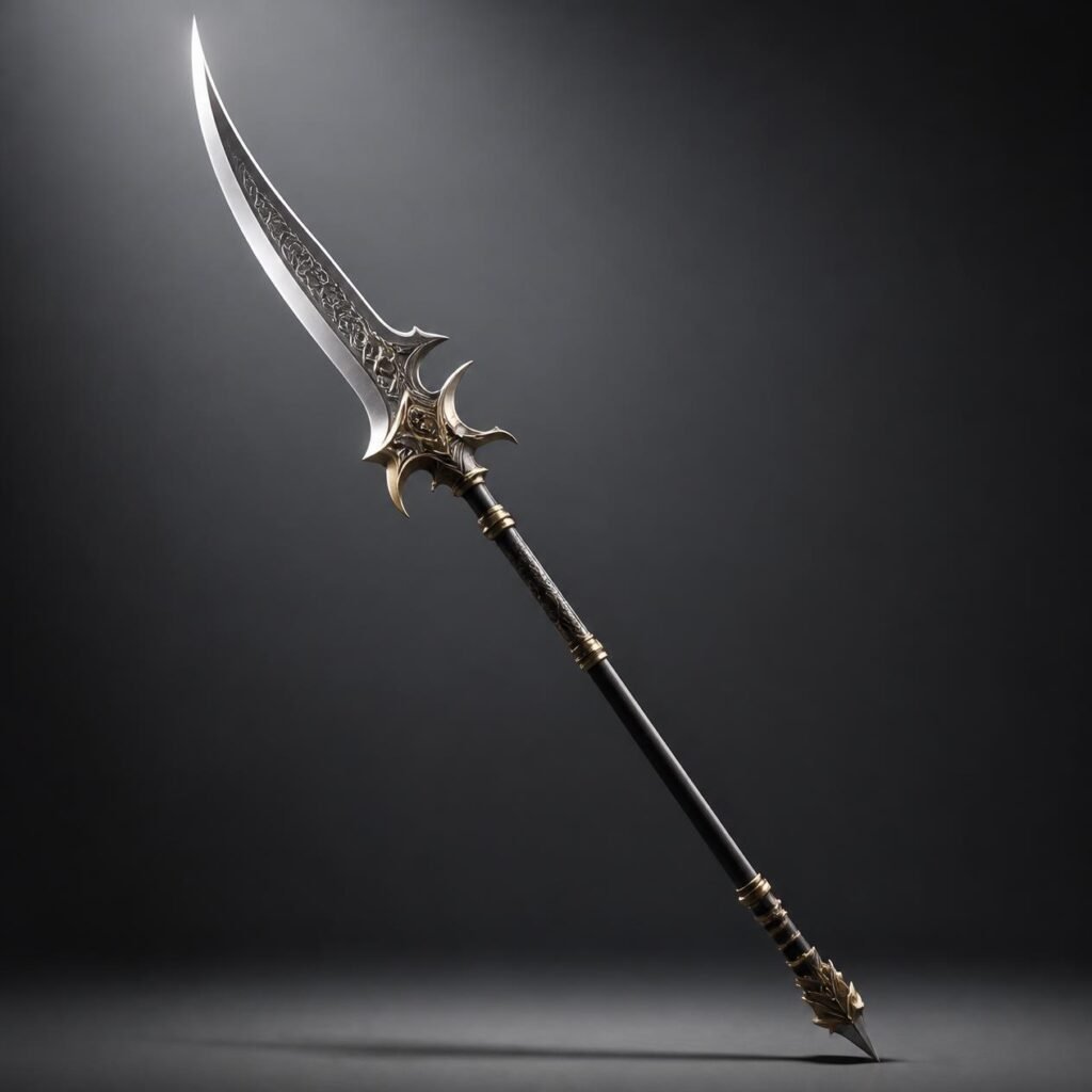 A detailed glaive weapon, realistic medieval polearm with a curved blade and long shaft, isolated on a clean plain background