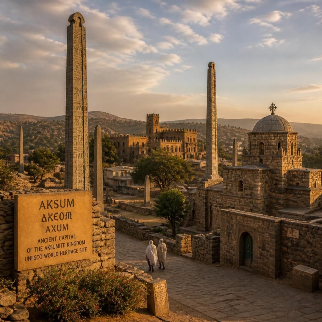A detailed image of Aksum, an ancient city located in Northern Ethiopia’s Tigray Region, with historic Ethiopian architecture, stone stelae, and a warm atmospheric scene that reflects its ancient heritage.