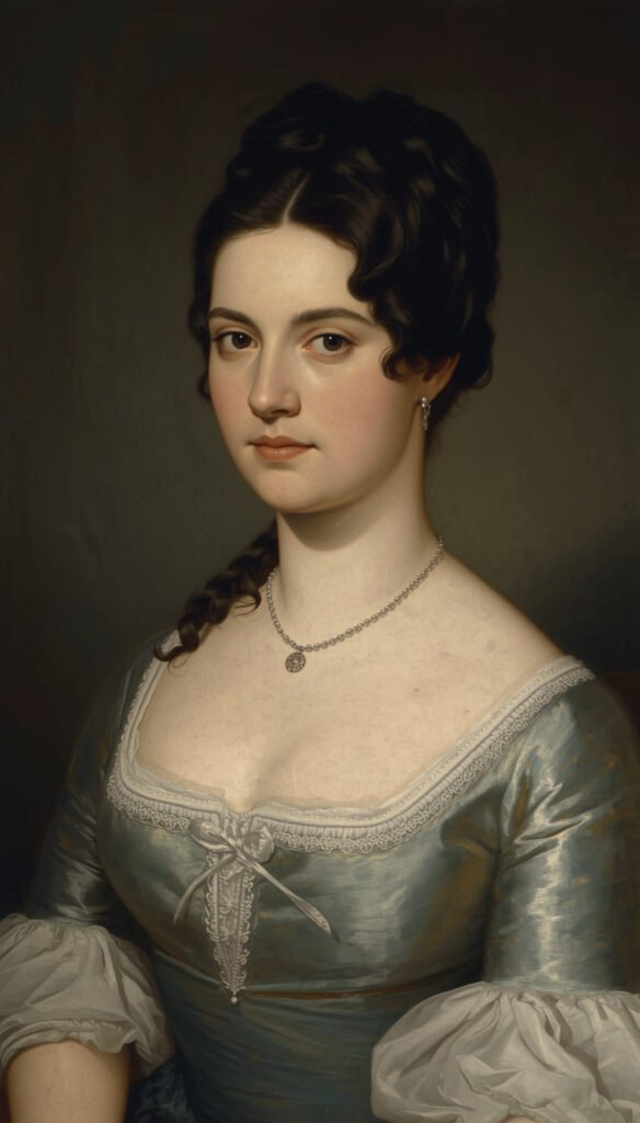 Historical portrait of Theodosia Burr Alston, elegant early 19th-century attire, refined facial features, realistic painted portrait style, soft dramatic lighting, classic background, museum-quality composition