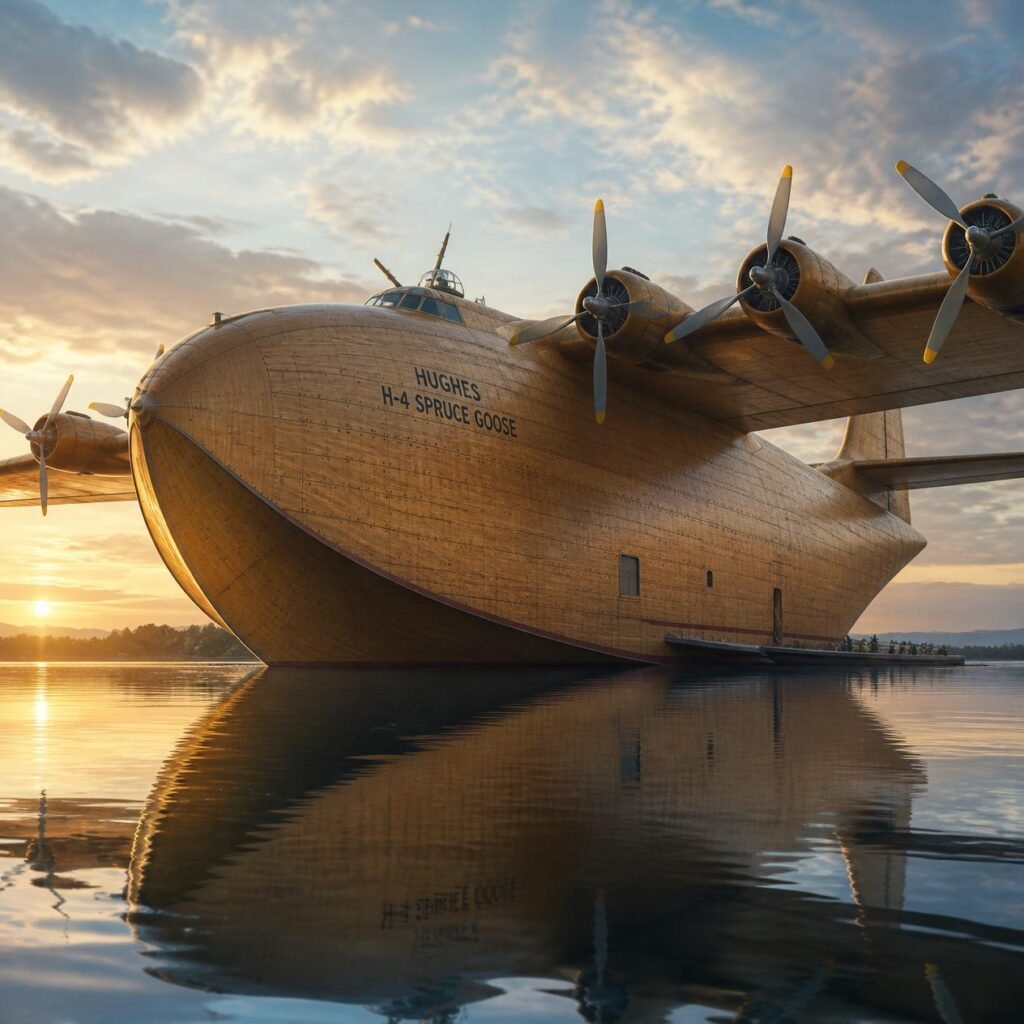 Hughes H-4 Spruce Goose, a massive wooden flying boat aircraft on the water, highly detailed realistic aviation image