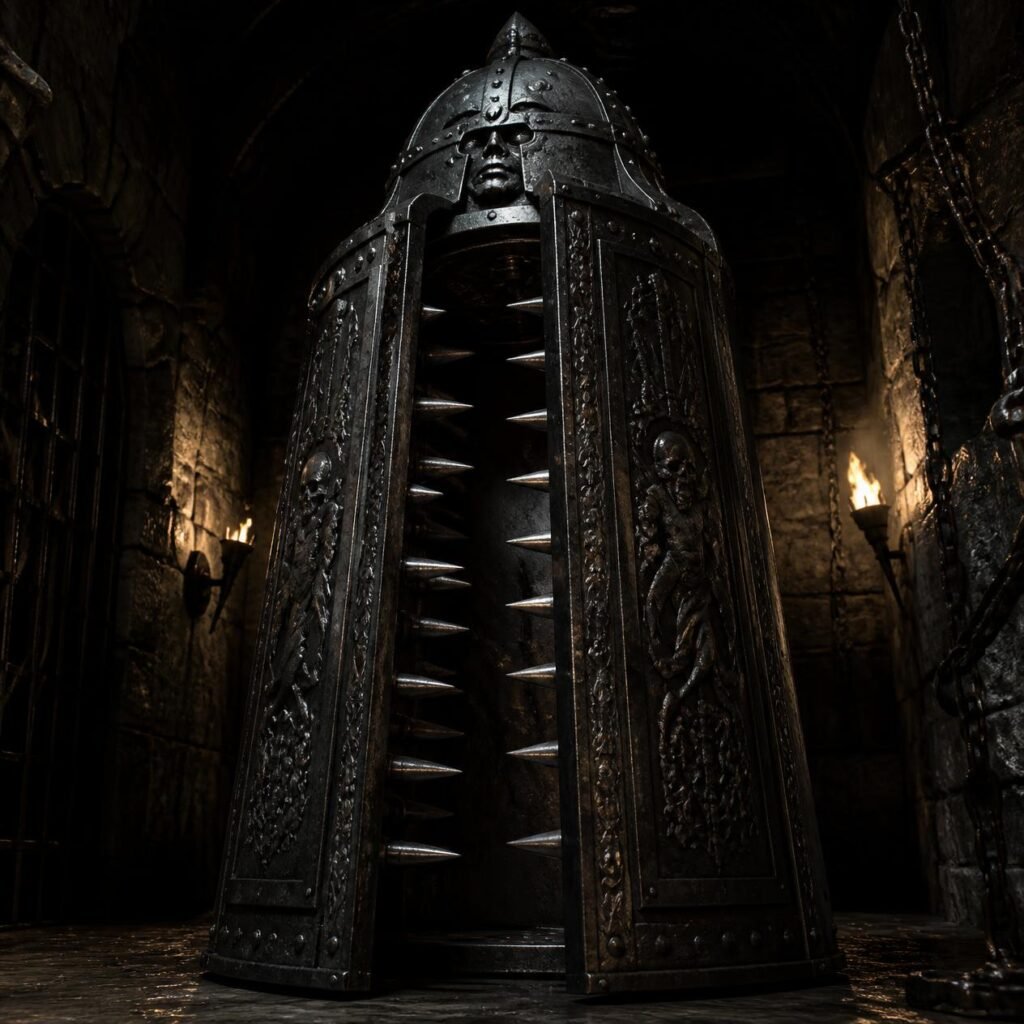 An Iron Maiden torture device, dark historical scene, detailed metal cabinet with spikes inside, ominous lighting, realistic style 