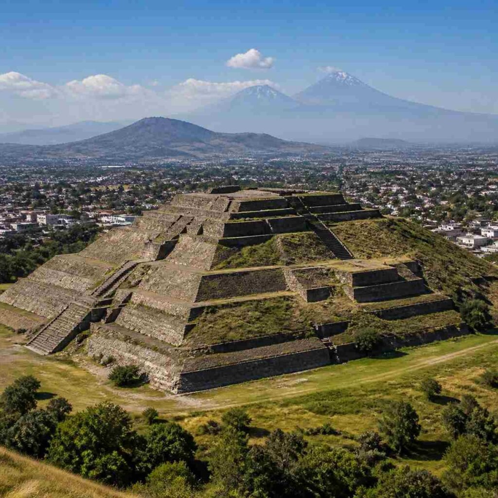 The Great Pyramid of Cholula in Mexico, a realistic detailed landscape scene with the pyramid, surrounding greenery, and distant volcanoes, natural daylight