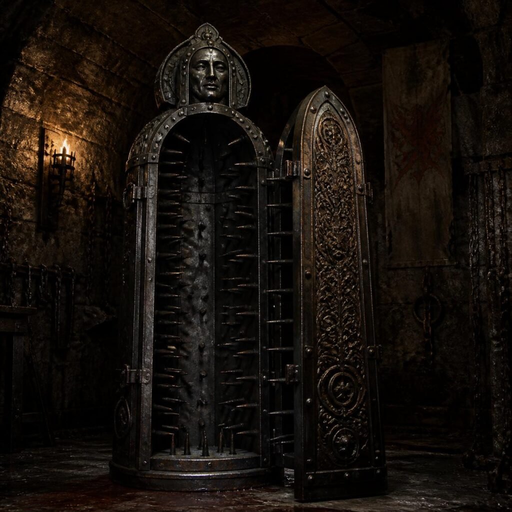 Iron Maiden Torture Device displayed as a medieval spiked iron cabinet