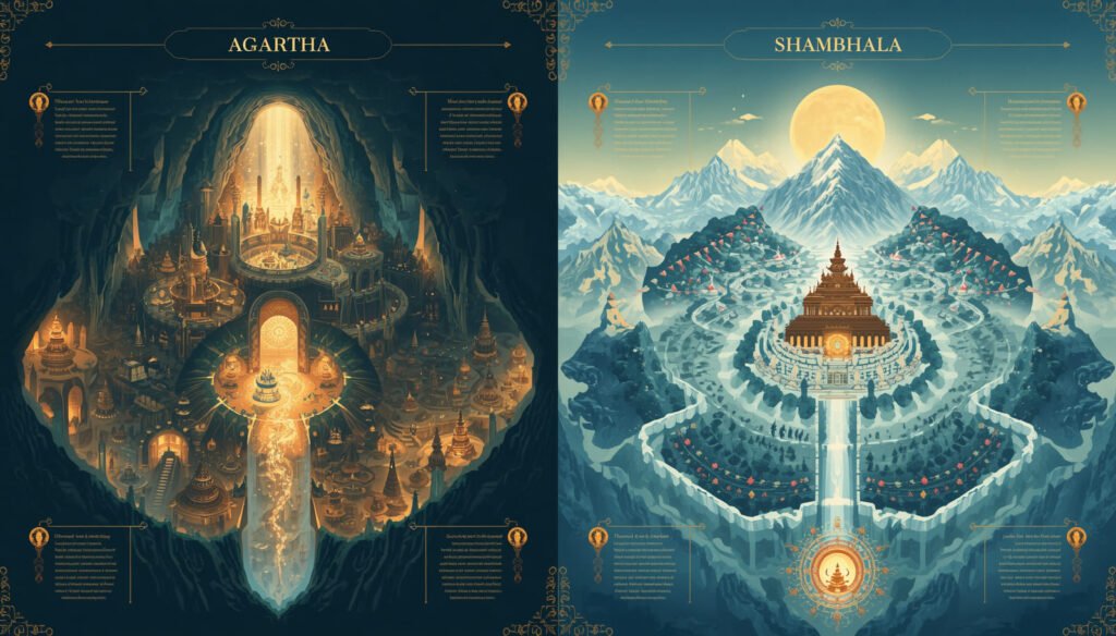 A clean side-by-side comparison infographic of Agartha and Shambhala, with mystical fantasy visuals and clear labels. Left side_ Agartha, shown as a glowing underground inner-earth city with cavern walls, golden