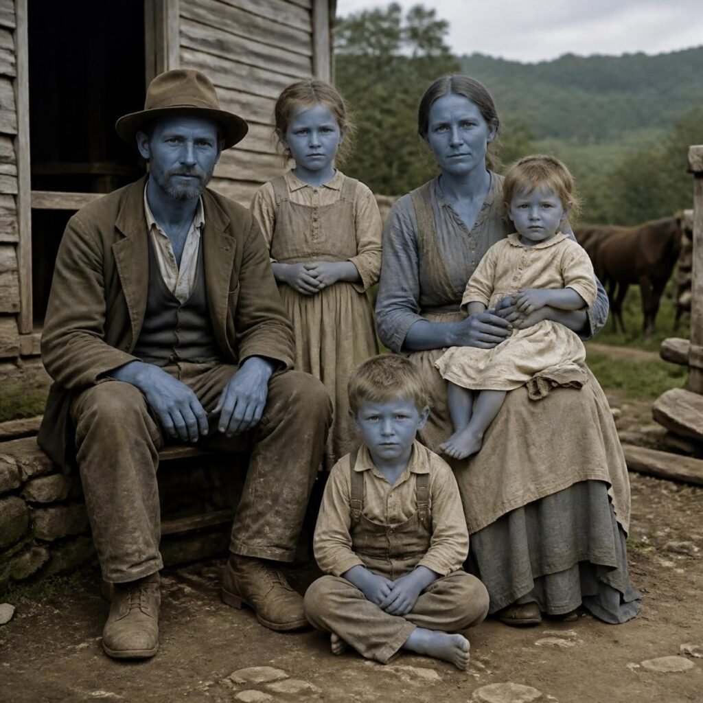 A respectful historical documentary-style image of the Blue People of Kentucky, showing a rural Kentucky family with blue-tinted skin in the 19th century, natural outdoor setting, realistic details, muted earthy col
