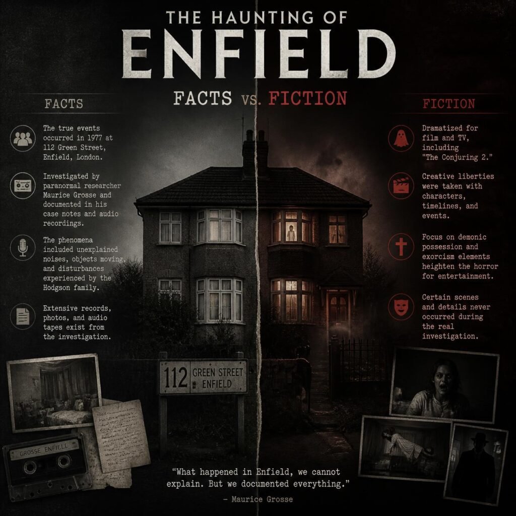 A moody editorial-style image about the Haunting of Enfield, framed as a 'Facts vs. Fiction' comparison. Include a haunted 1970s suburban house, subtle paranormal atmosphere, eerie shadows, documentary-style visual 
